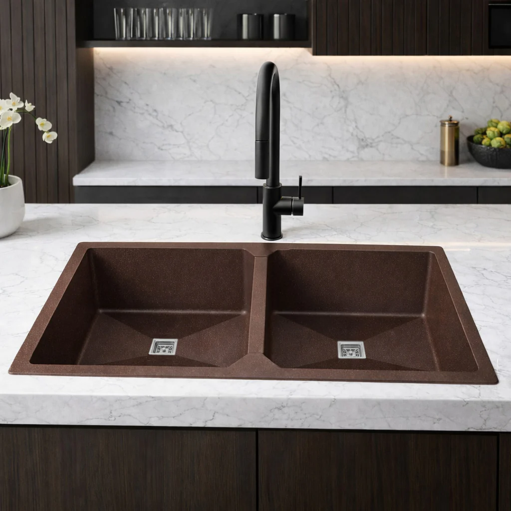 Belluxury™ Aurelia Quartz Luxe Double Bowl Kitchen Sink – Mocha Stone Finish (45 x 20 x 10 Inches)
