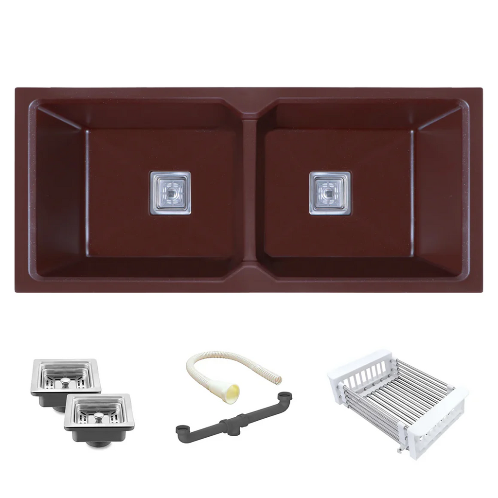 Belluxury™ Aurelia Quartz Luxe Double Bowl Kitchen Sink – Mocha Stone Finish (45 x 20 x 10 Inches)