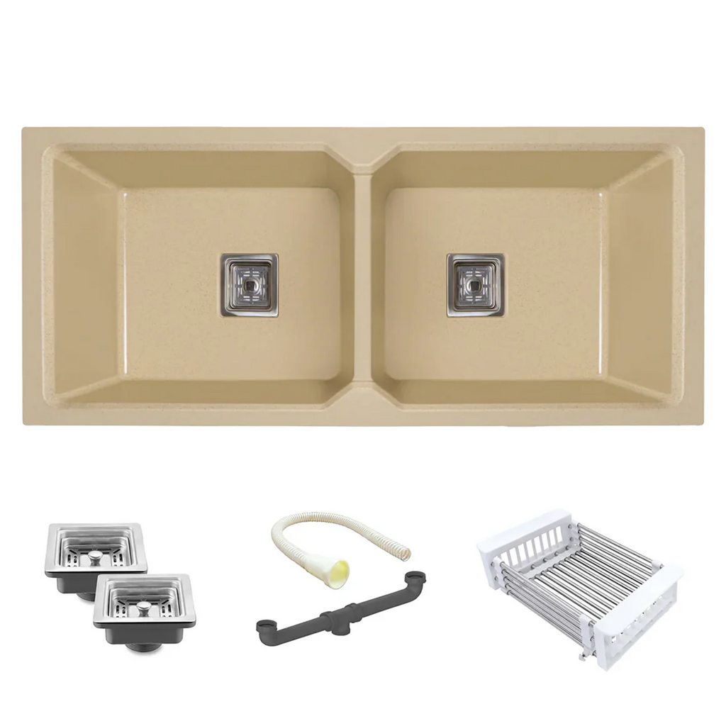 Belluxury™ Ivorya Sandstone Quartz Luxe Double Bowl Sink – Royal Beige Edition (45 x 20 x 10 Inches)