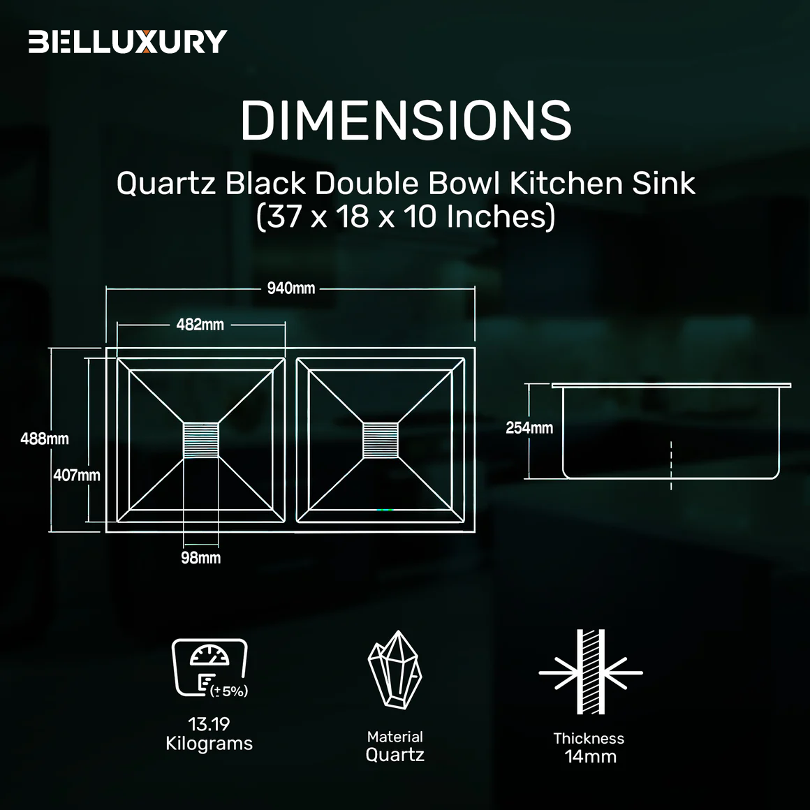 Belluxury™ NoirX Quartz Luxe Double Bowl Sink – Obsidian Black Edition (37 x 18 x 10 Inches)