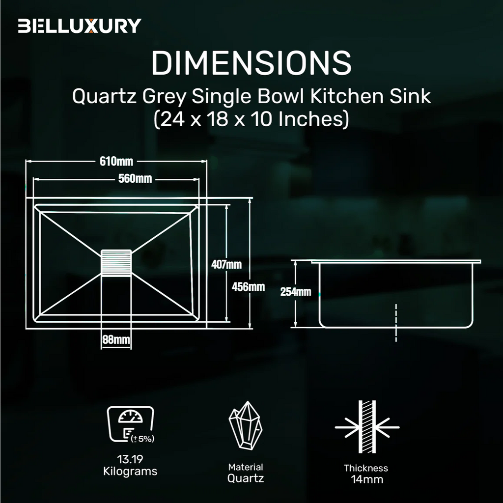 Belluxury™ AeroGrey Quartz Luxe Single Bowl Sink – Urban Minimal Series (24 x 18 x 10 Inches)