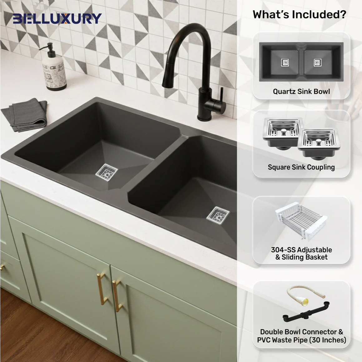 Belluxury™ TitanGrey Quartz Luxe Double Bowl Sink – Urban Stone Finish (45 x 20 x 10 Inches)