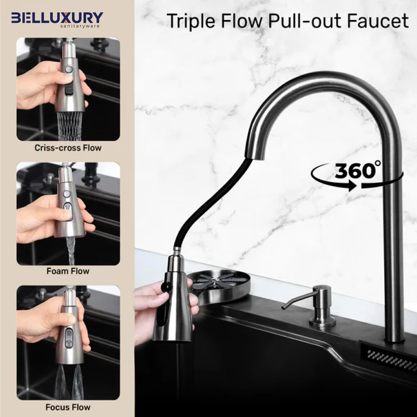 Belluxury AquaVault™ Elite – Smart Modular 304 Stainless Steel Kitchen Sink with Waterfall System, Pull-Out Faucet & Integrated RO Tap (30×18×9)