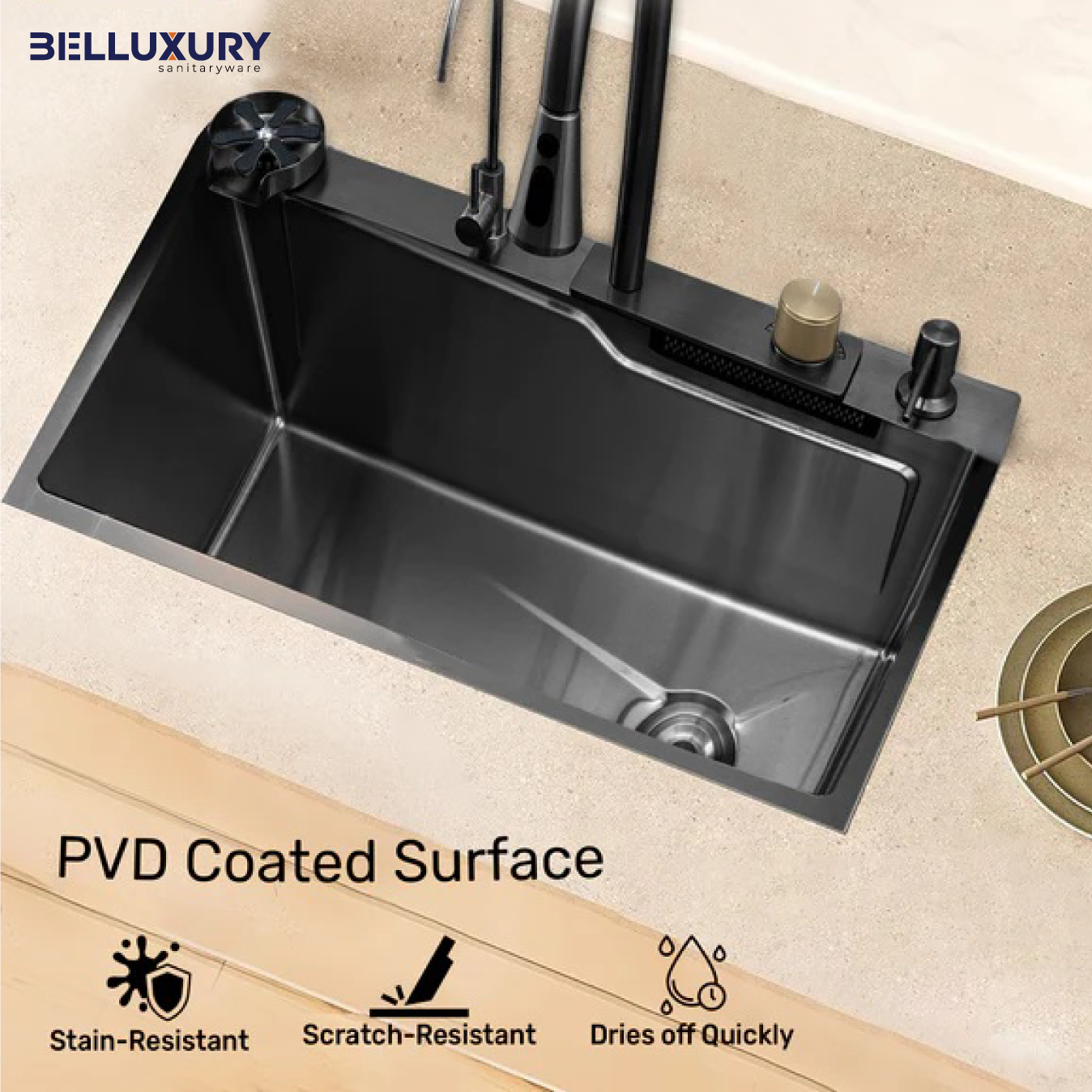 Belluxury AquaVault™ Elite – Smart Modular 304 Stainless Steel Kitchen Sink with Waterfall System, Pull-Out Faucet & Integrated RO Tap (30×18×9)