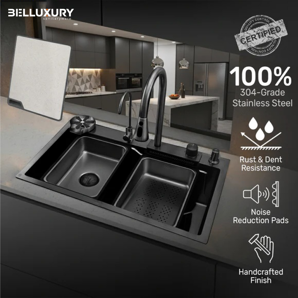 Belluxury AquaVault™ Elite – Smart Modular 304 Stainless Steel Kitchen Sink with Waterfall System, Pull-Out Faucet & Integrated RO Tap (30×18×9)