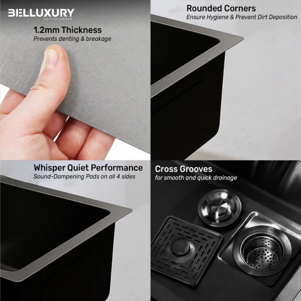 Belluxury AquaVault™ Elite – Smart Modular 304 Stainless Steel Kitchen Sink with Waterfall System, Pull-Out Faucet & Integrated RO Tap (30×18×9)
